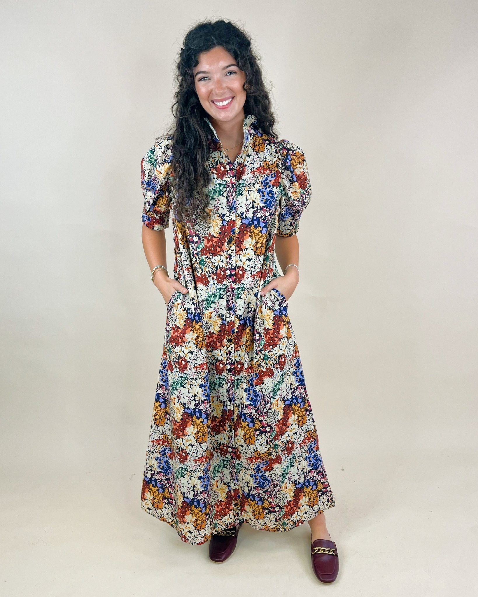 Patchwork Bloom High - Neck Midi Dress - Jessi Jayne Boutique