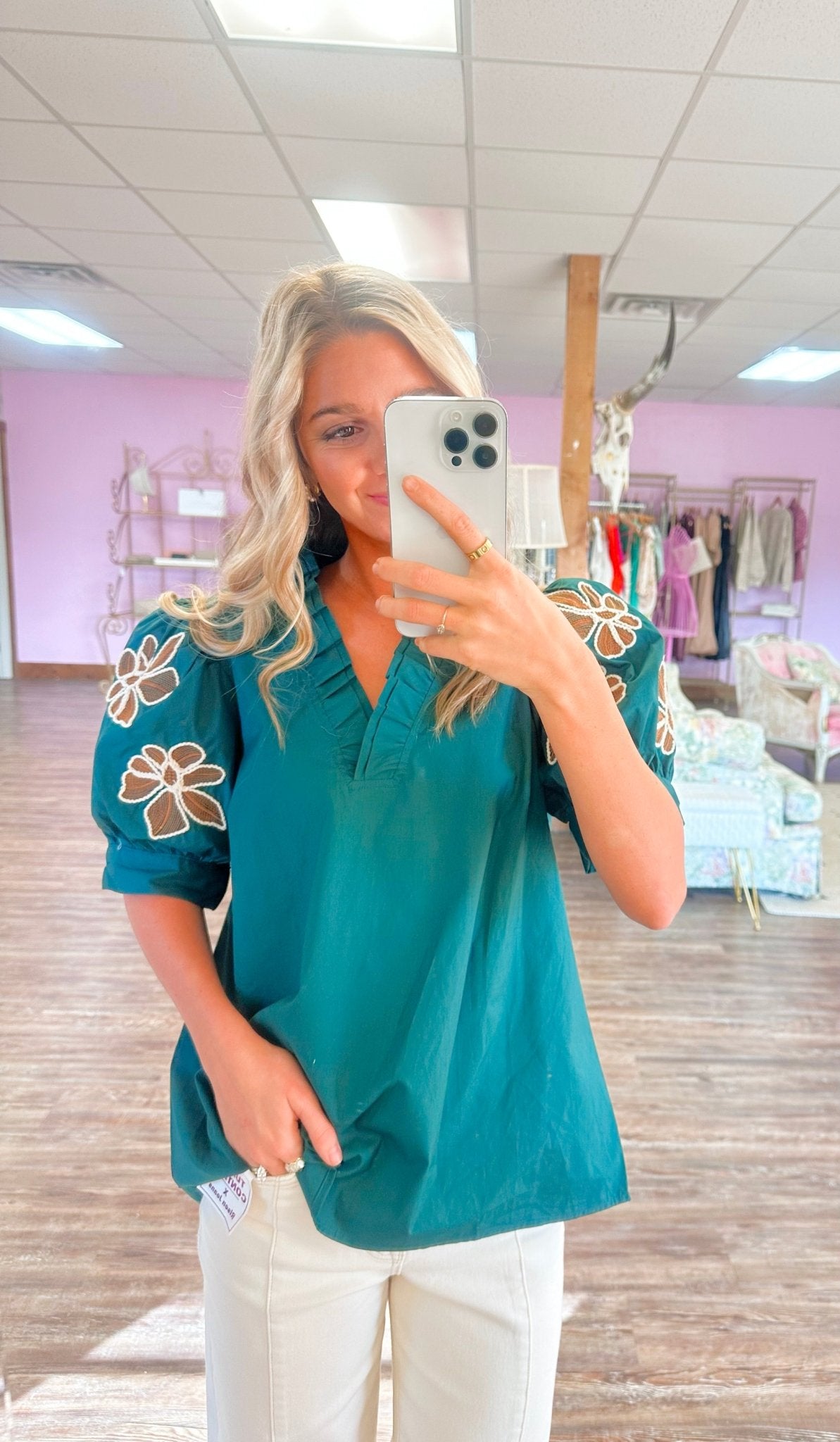 Evergreen Petals Embroidered Top - Jessi Jayne Boutique