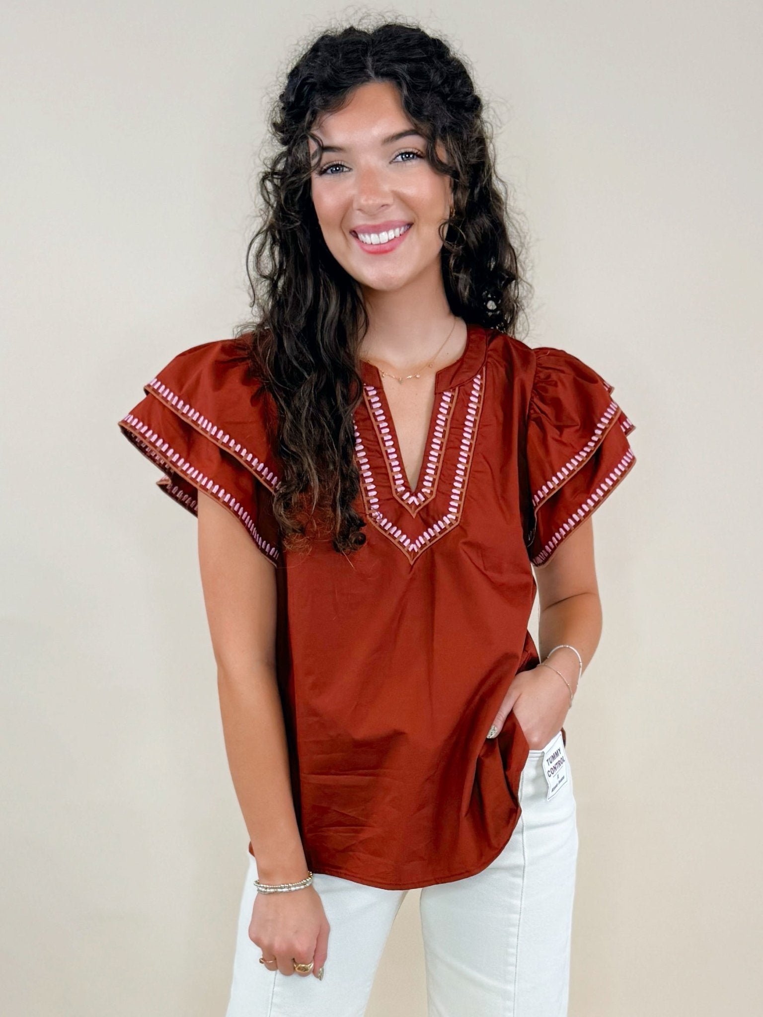 Rust Haven Ruffle Flutter Sleeve Top - Jessi Jayne Boutique