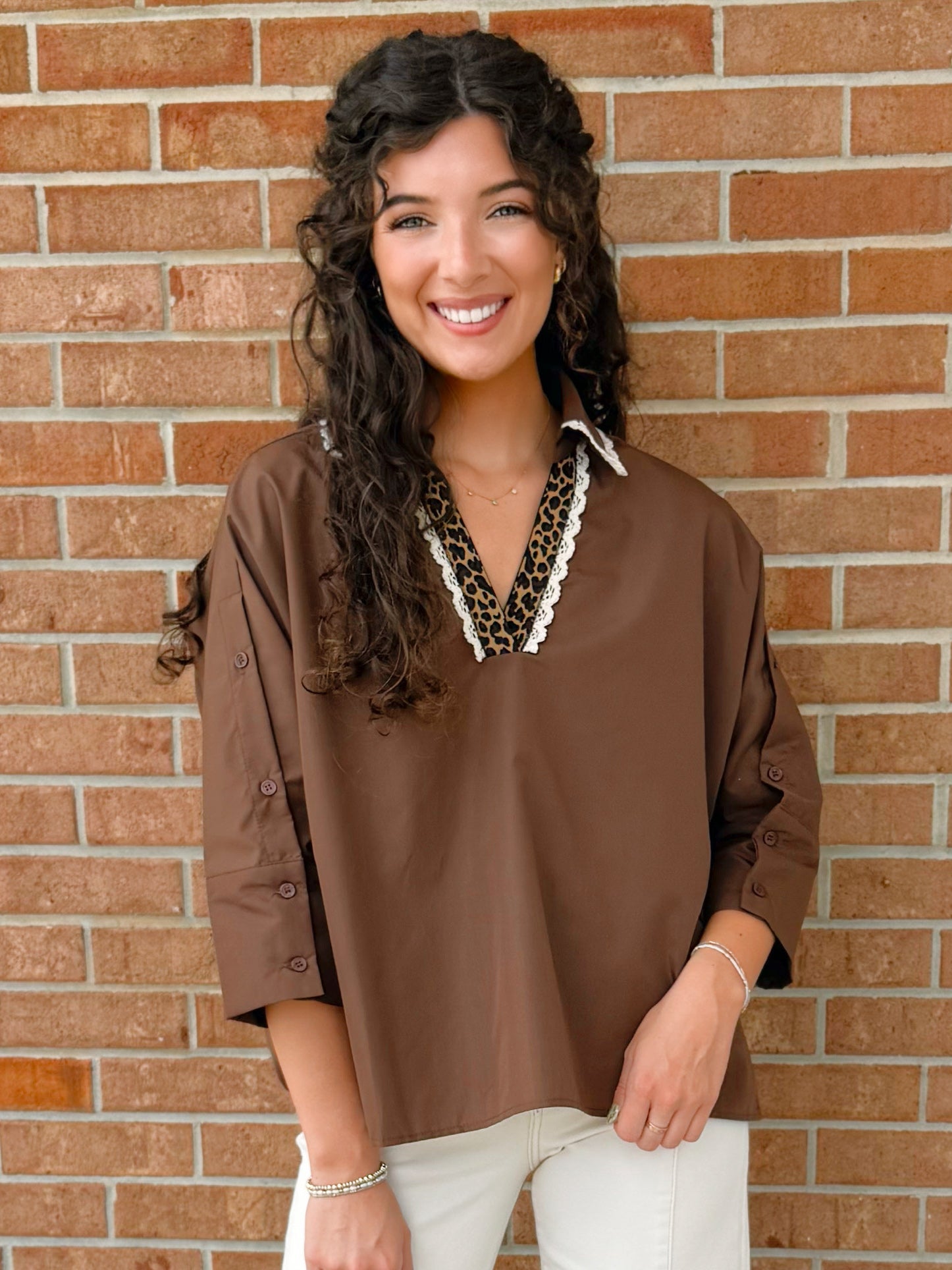 Contrast Leopard Trim Button Sleeve Top - Jessi Jayne Boutique