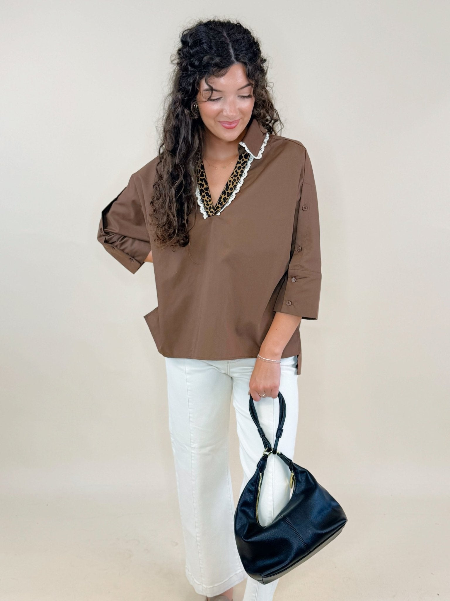 Contrast Leopard Trim Button Sleeve Top - Jessi Jayne Boutique