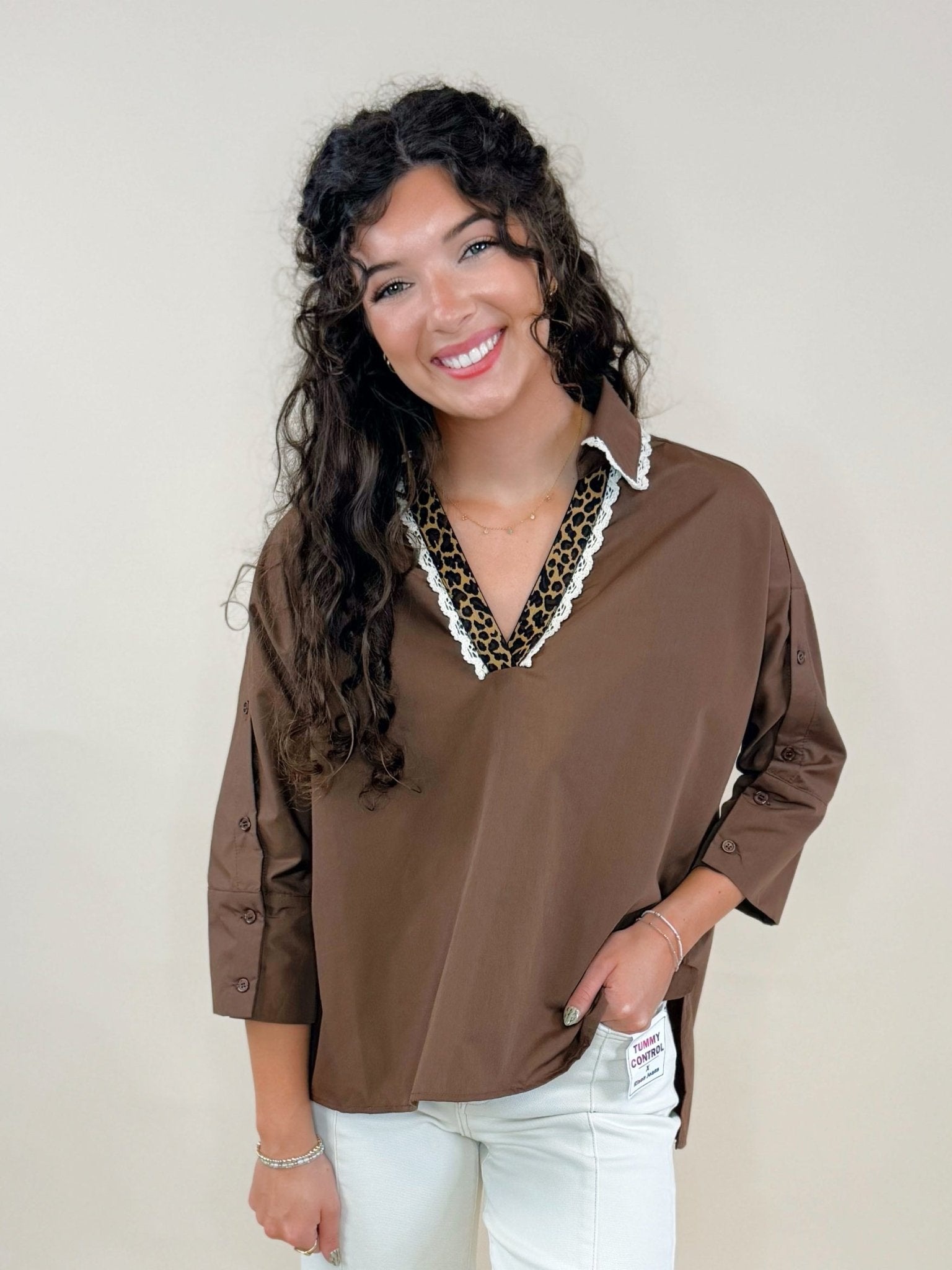 Contrast Leopard Trim Button Sleeve Top - Jessi Jayne Boutique