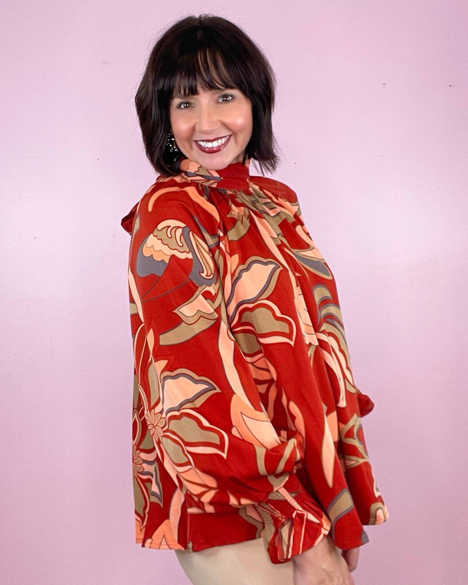 The Most Wonderful Time Of Year Rust Printed Mock Neck Long Sleeve Blouse - Jessi Jayne Boutique