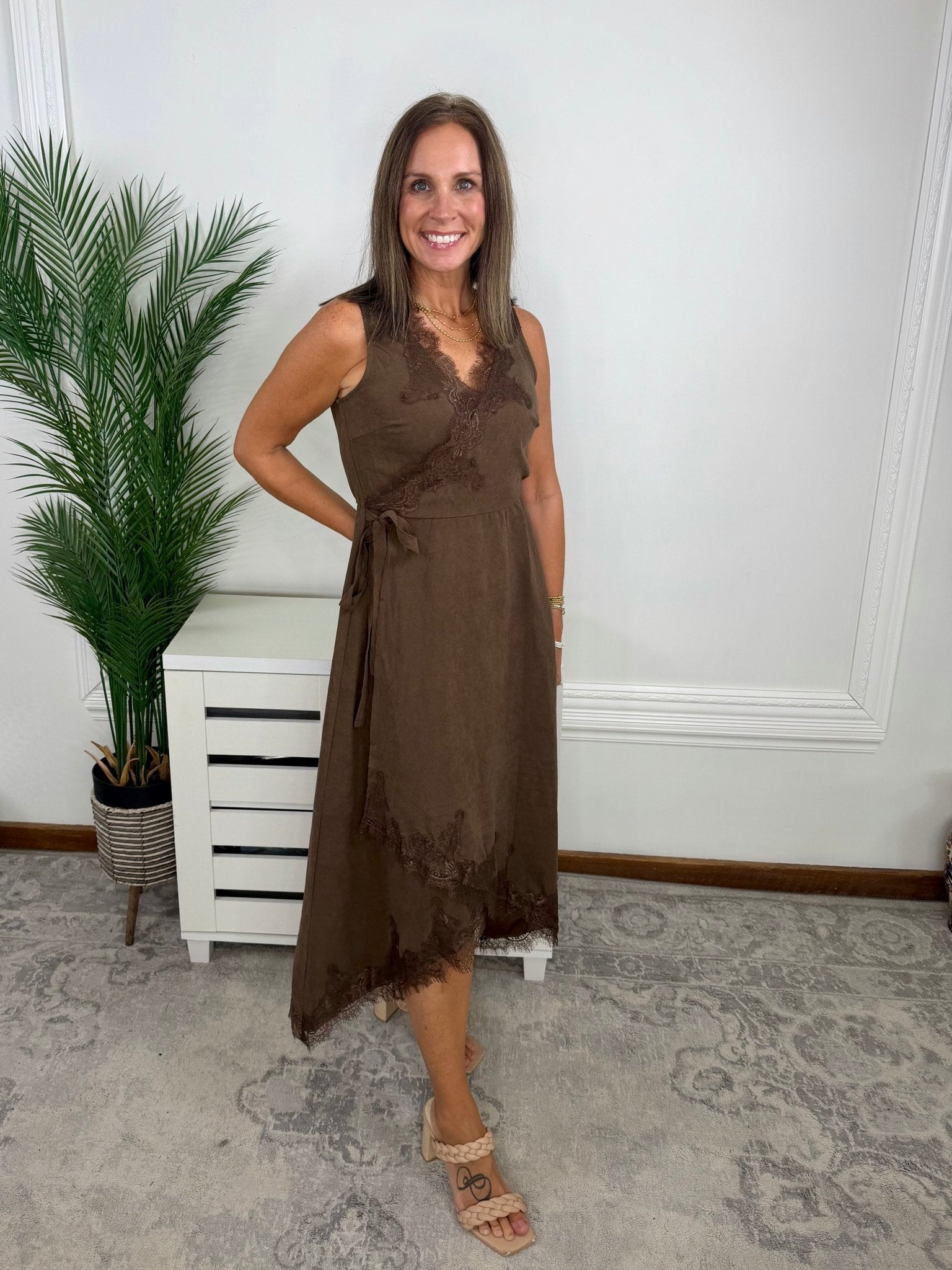 Cocoa Kiss Lace Trim Surplice Midi Dress - Jessi Jayne Boutique