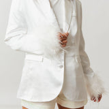 Swifty Satin Blazer With Fur Trim Sleeve in White - Jessi Jayne Boutique
