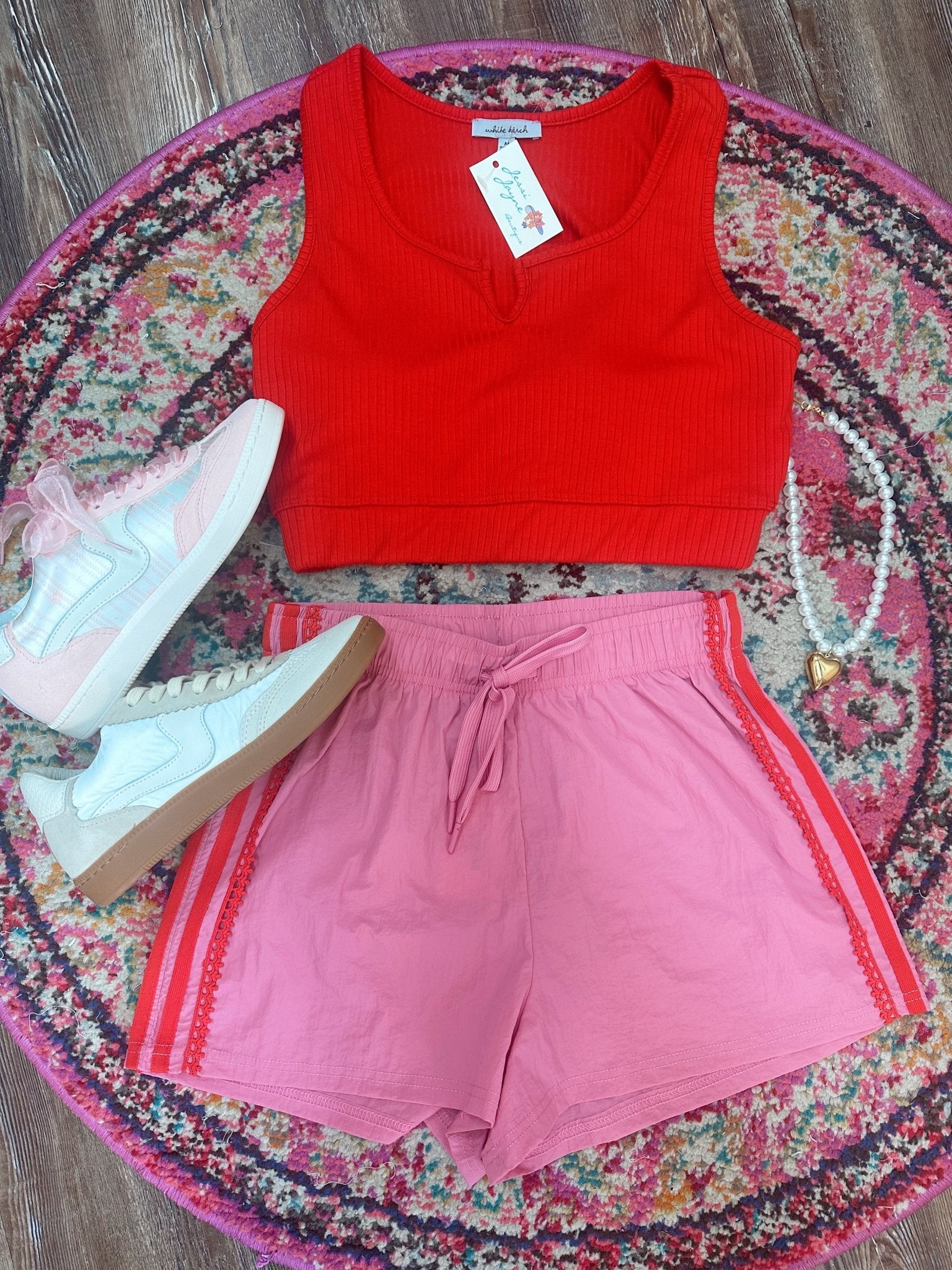 Side Stripe Lace Trim Activewear Shorts - Jessi Jayne Boutique
