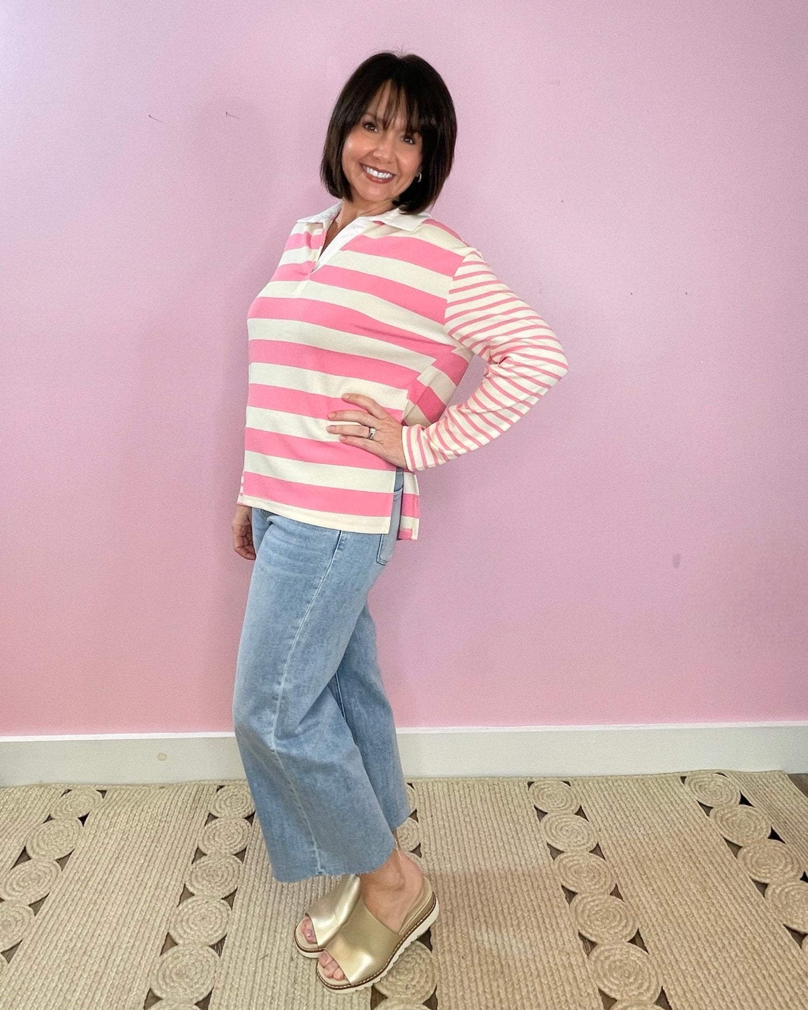 Preppy Pink Striped Rugby Pullover - Jessi Jayne Boutique