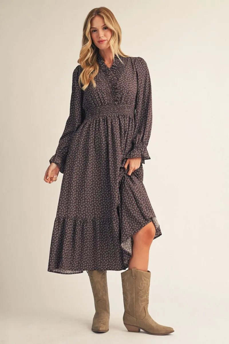 Cocoa Ditsy Print Tiered Dress - Jessi Jayne Boutique