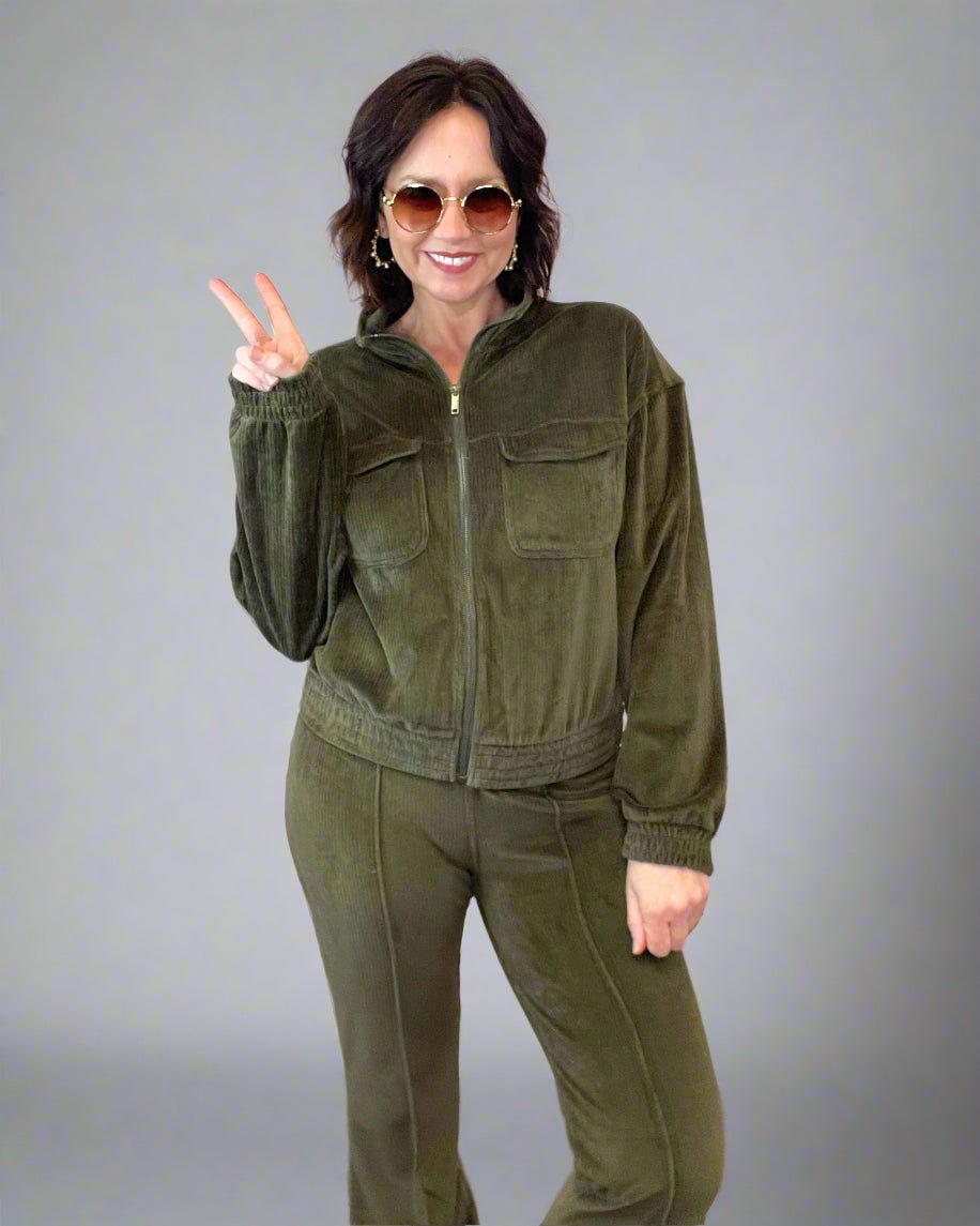 Happy Harvest Olive Corduroy Mock Neck Jacket And Pin Tuck Flare Pants - Jessi Jayne Boutique