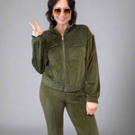 Happy Harvest Olive Corduroy Mock Neck Jacket And Pin Tuck Flare Pants - Jessi Jayne Boutique