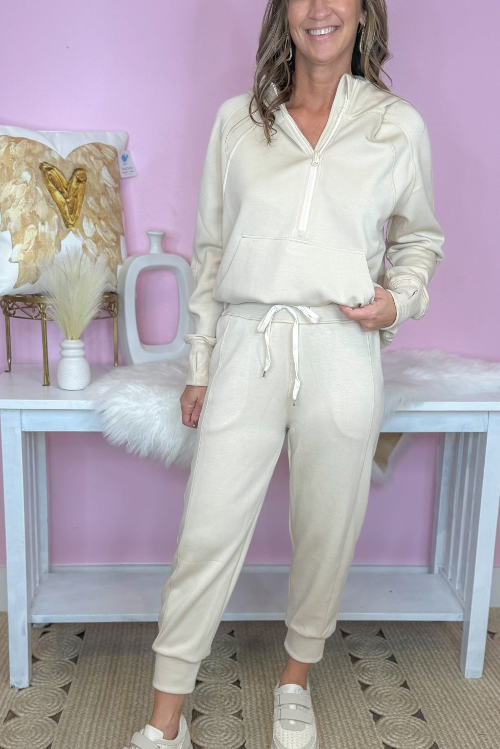 My Biggest Fan Oatmeal Scuba Quarter Zip Hoodie And Jogger Set - Jessi Jayne Boutique