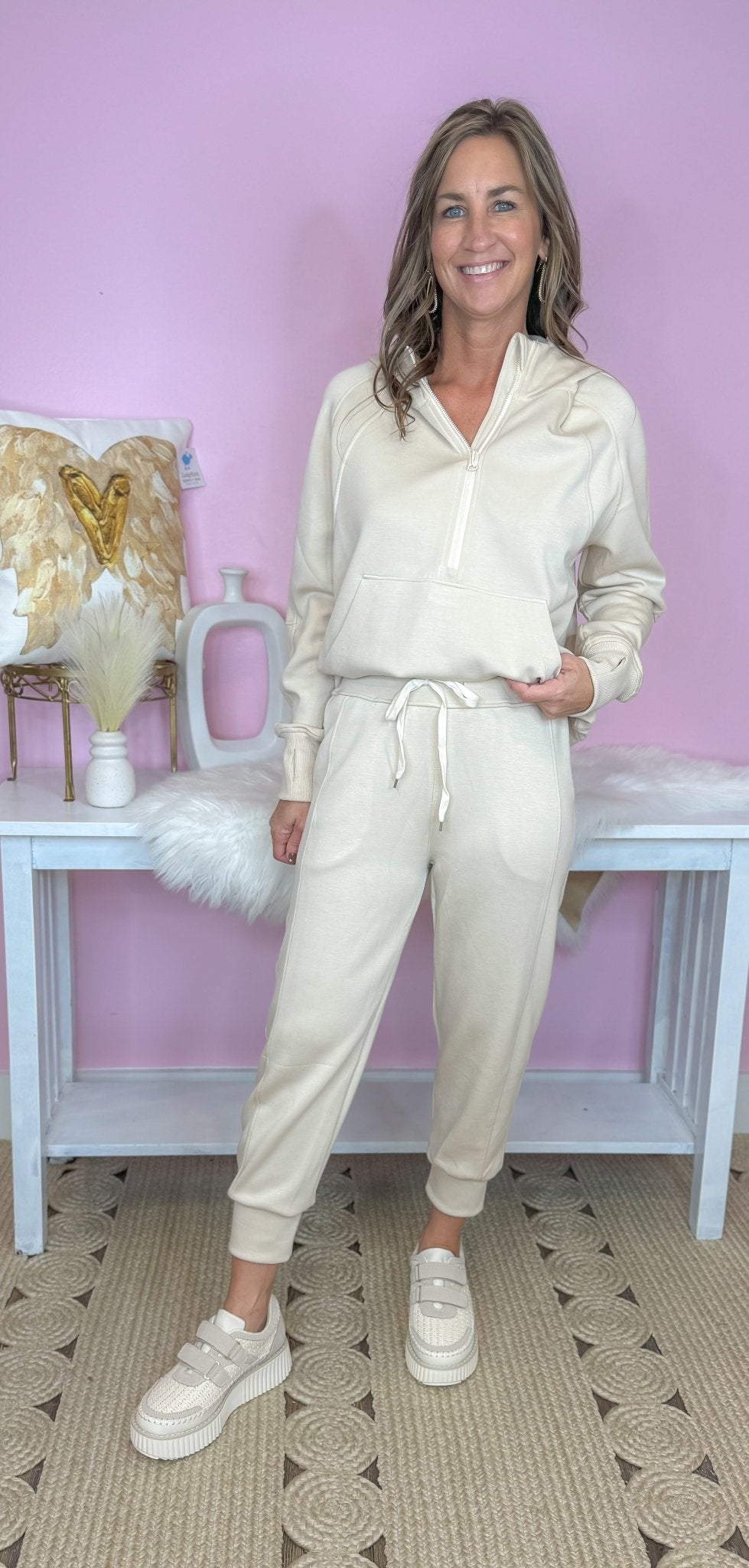 My Biggest Fan Oatmeal Scuba Quarter Zip Hoodie And Jogger Set - Jessi Jayne Boutique
