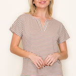 Mocha Stripe Split Neck Top - Jessi Jayne Boutique