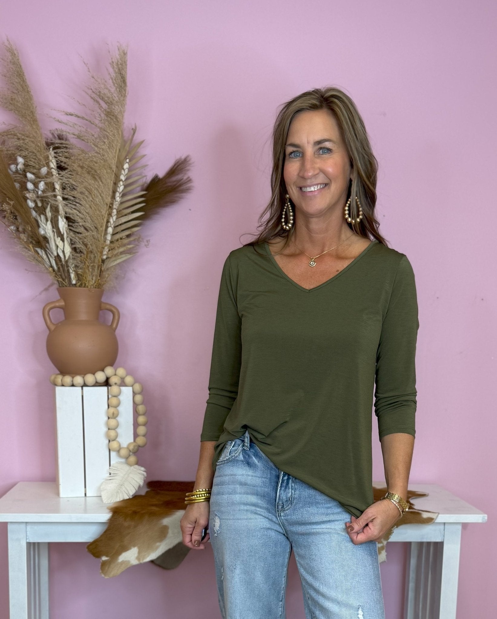 Olive Stay Easy V Neck 3/4 Length Sleeve Top - Jessi Jayne Boutique
