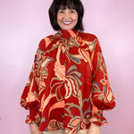 The Most Wonderful Time Of Year Rust Printed Mock Neck Long Sleeve Blouse - Jessi Jayne Boutique