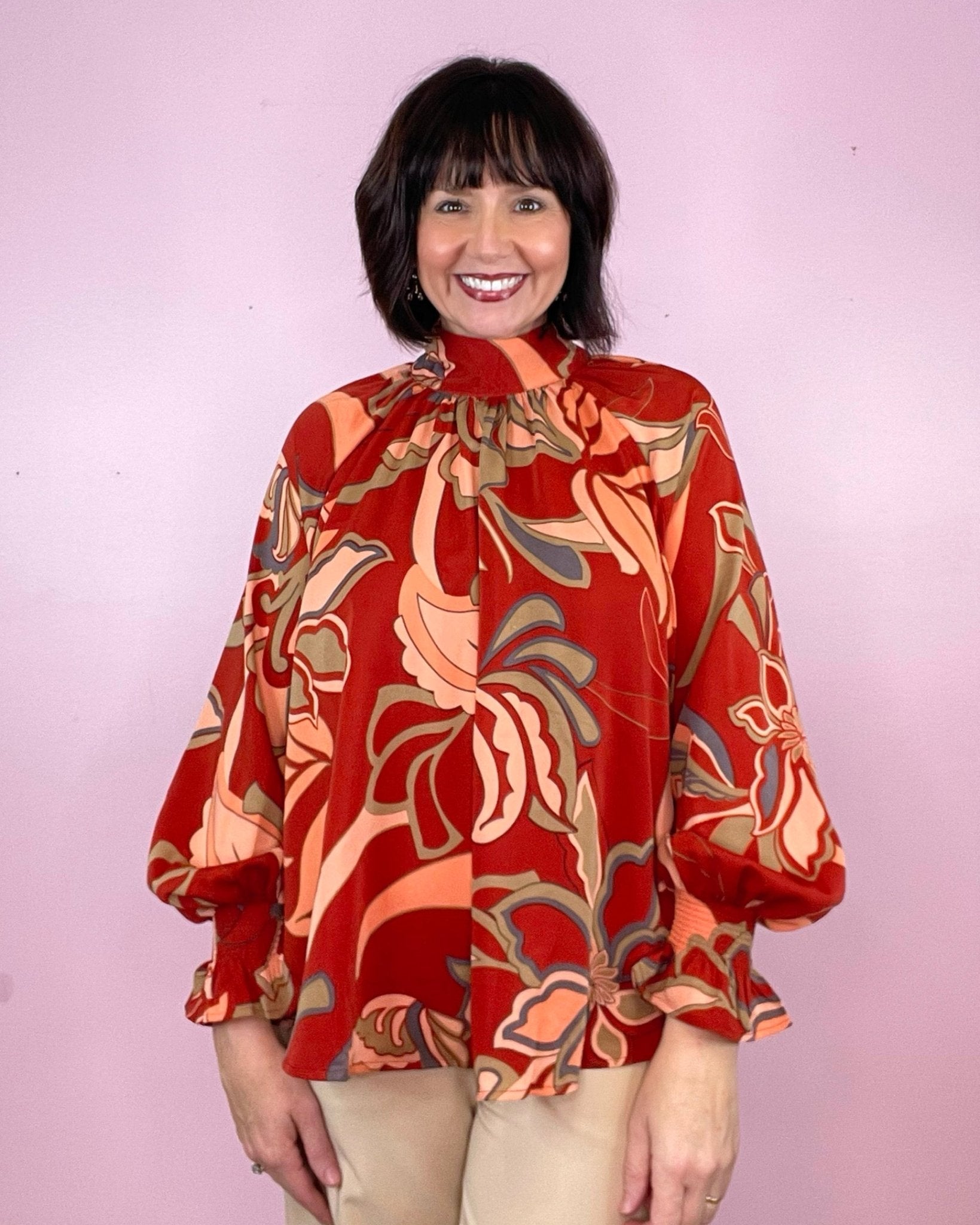 The Most Wonderful Time Of Year Rust Printed Mock Neck Long Sleeve Blouse - Jessi Jayne Boutique