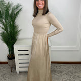 Latte Luxe Ribbed Mock Neck Satin Twofer Midi Dress - Jessi Jayne Boutique