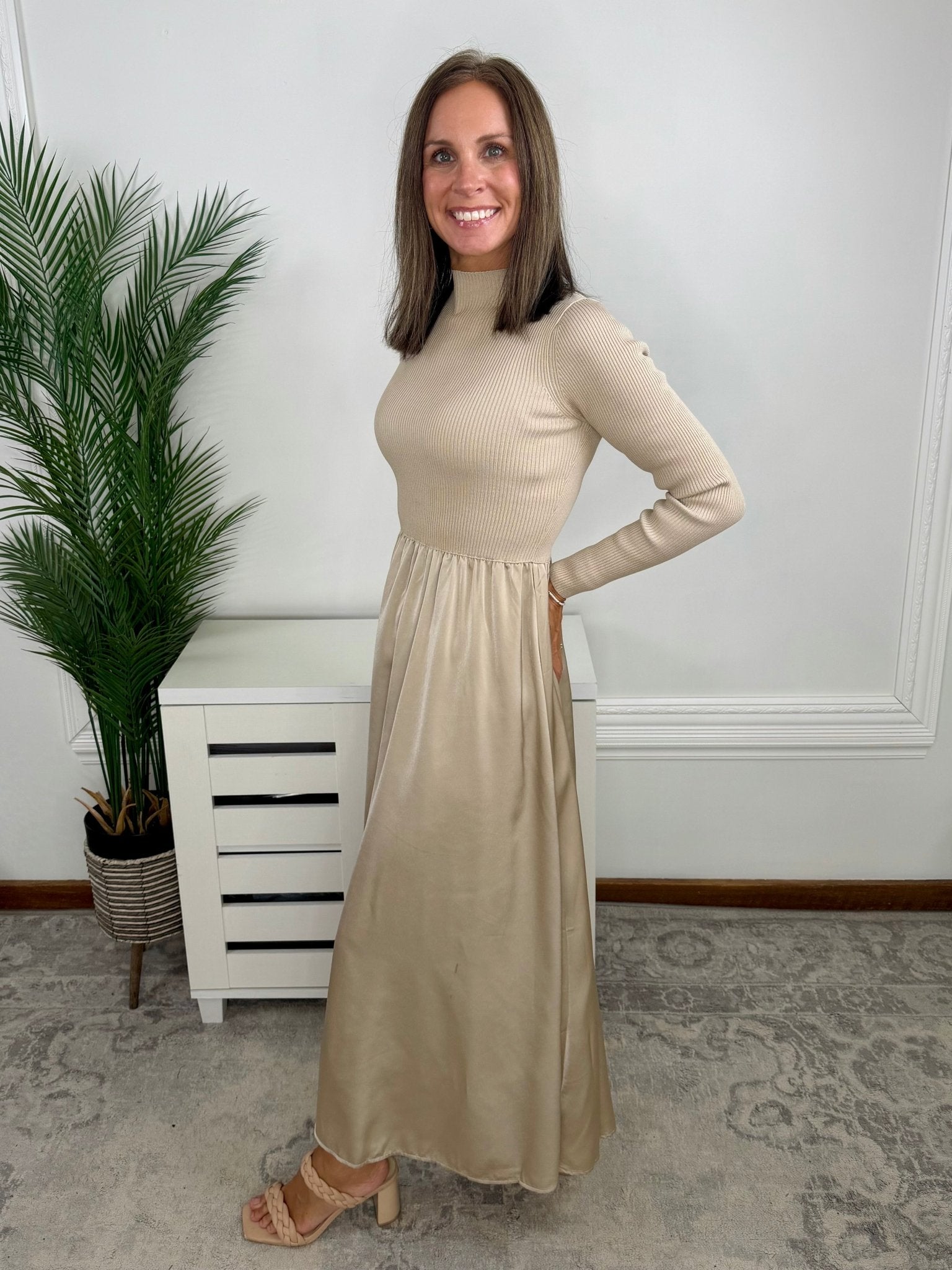 Latte Luxe Ribbed Mock Neck Satin Twofer Midi Dress - Jessi Jayne Boutique