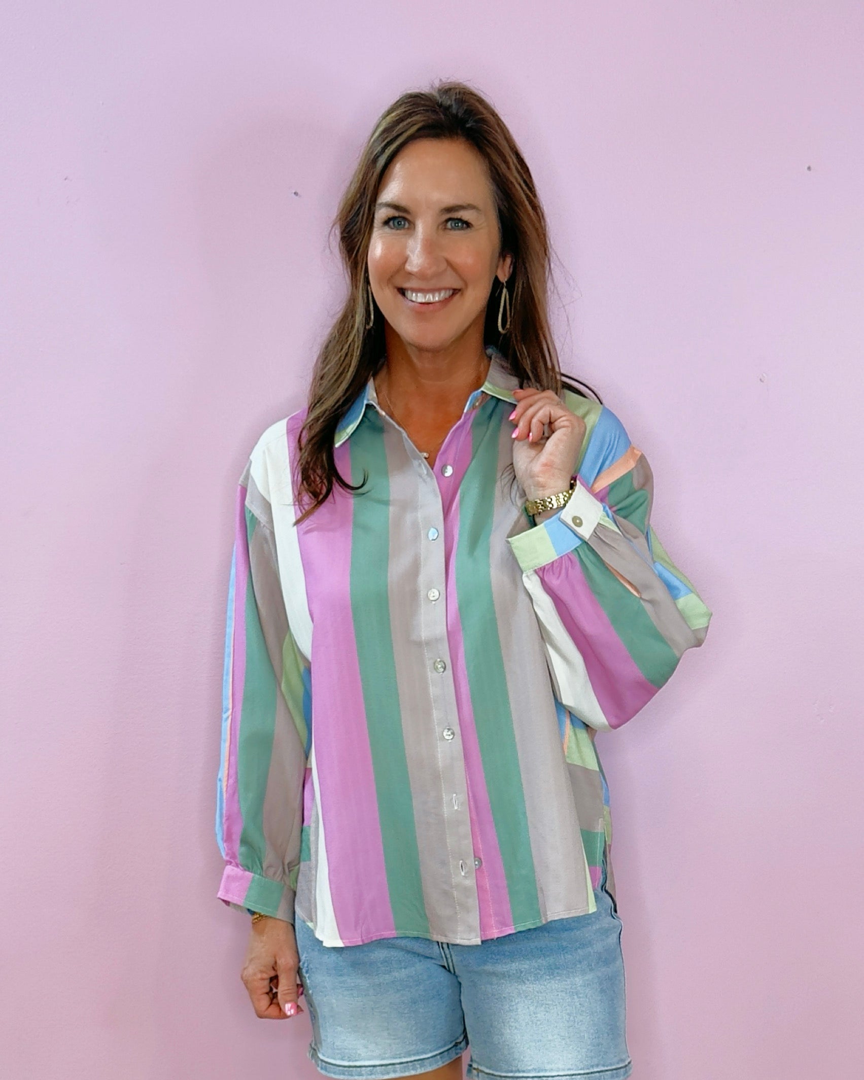 Pastel Dream Striped Oversized Button - Down Shirt - Jessi Jayne Boutique