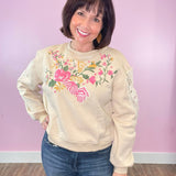 Calling The Shots Taupe Floral Embroidery Lace Detail Cropped Sweatshirt - Jessi Jayne Boutique