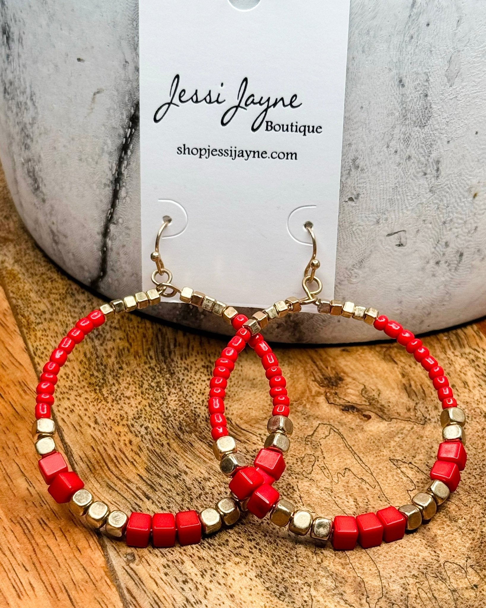 Red and Gold Beaded Hoop Earrings - Jessi Jayne Boutique
