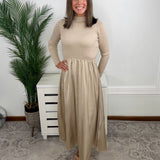 Latte Luxe Ribbed Mock Neck Satin Twofer Midi Dress - Jessi Jayne Boutique
