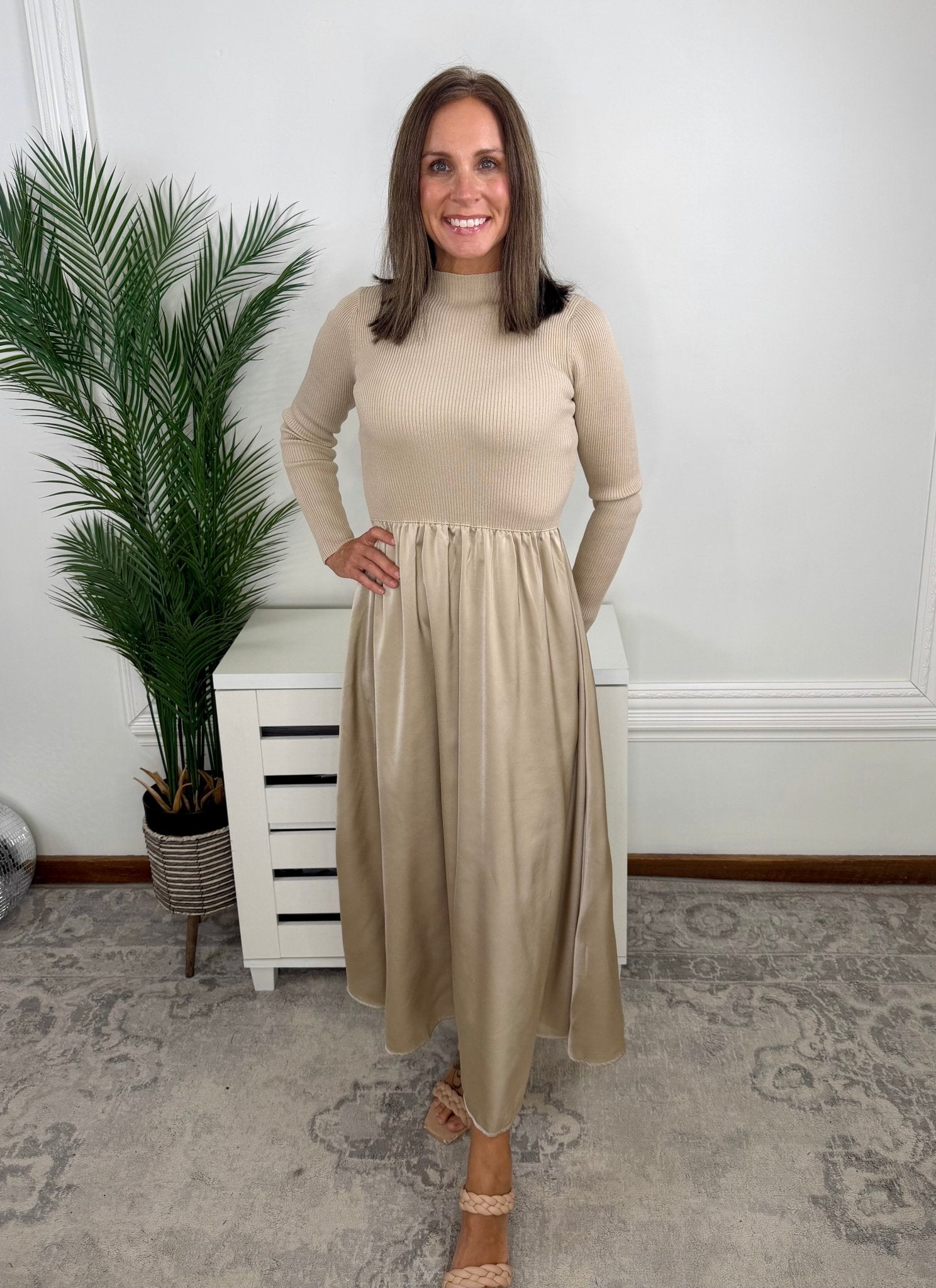 Latte Luxe Ribbed Mock Neck Satin Twofer Midi Dress - Jessi Jayne Boutique