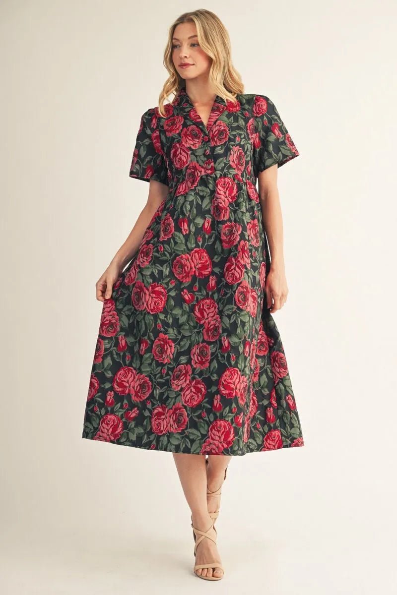 Rosette Garden Button-Front Dress - Jessi Jayne Boutique