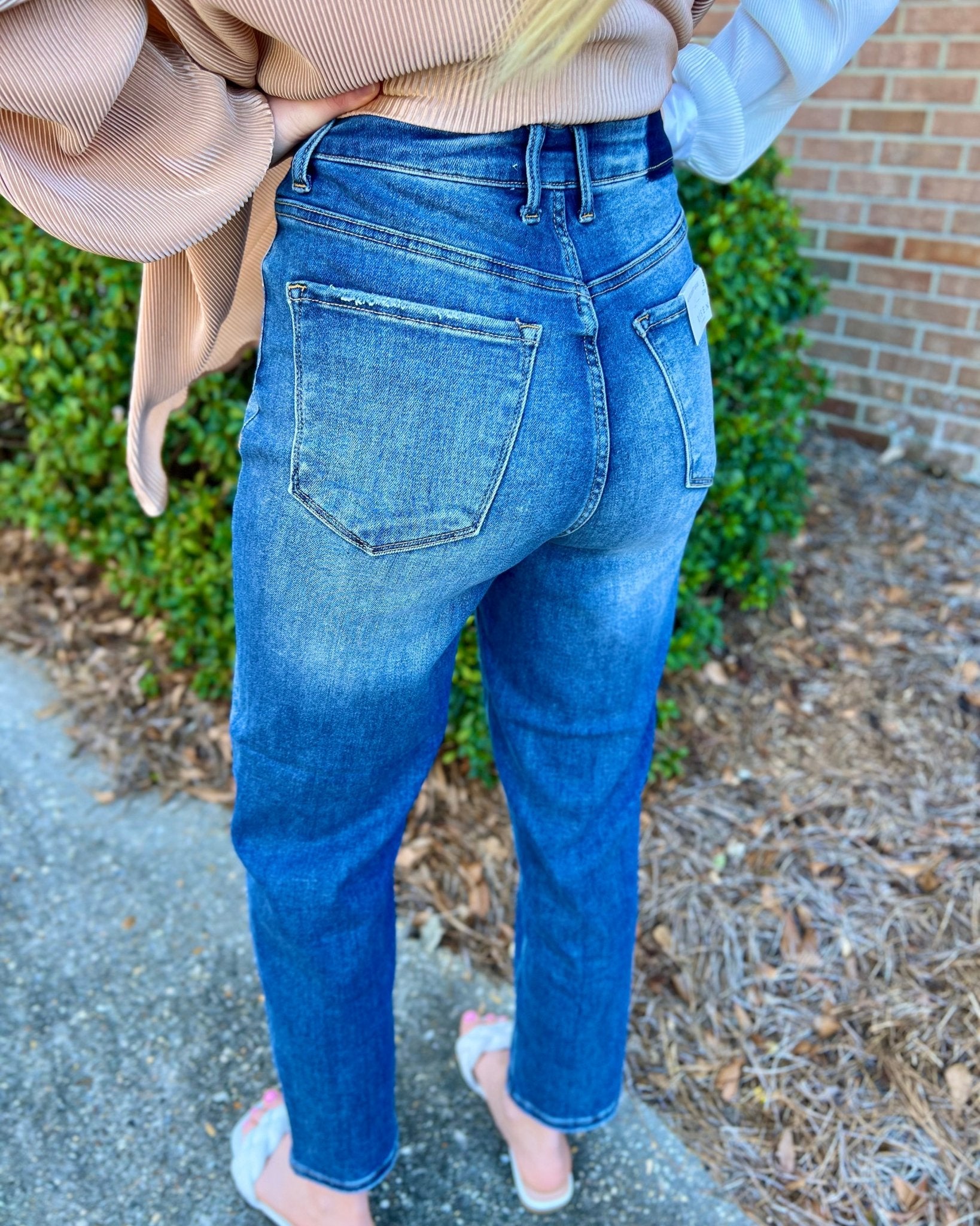 Don't Really Care Dark High Rise Curved Balloon Jeans 26" Inseam - Jessi Jayne Boutique