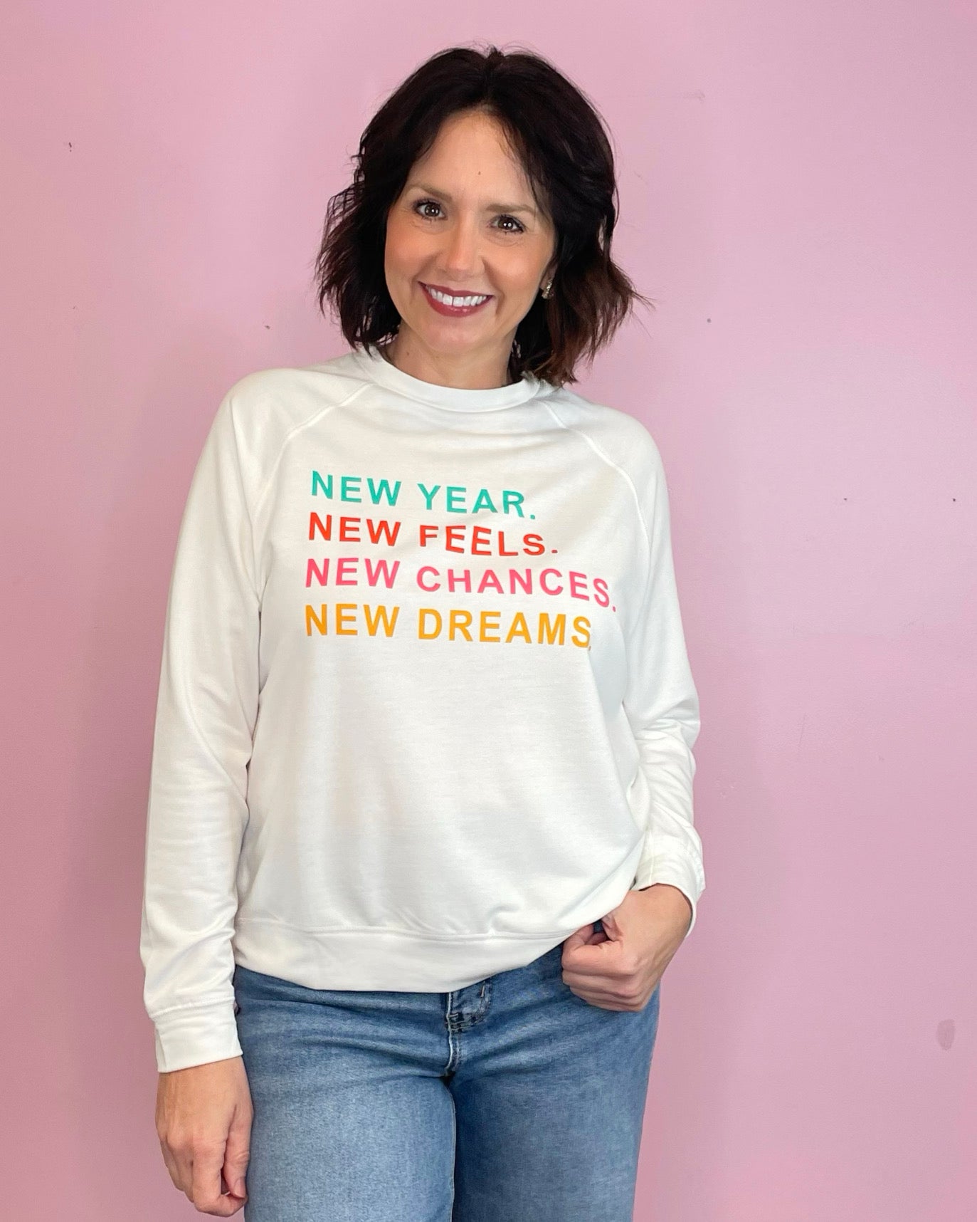 New Year, New Feels, New Chances, New Dreams White Sweatshirt - Jessi Jayne Boutique