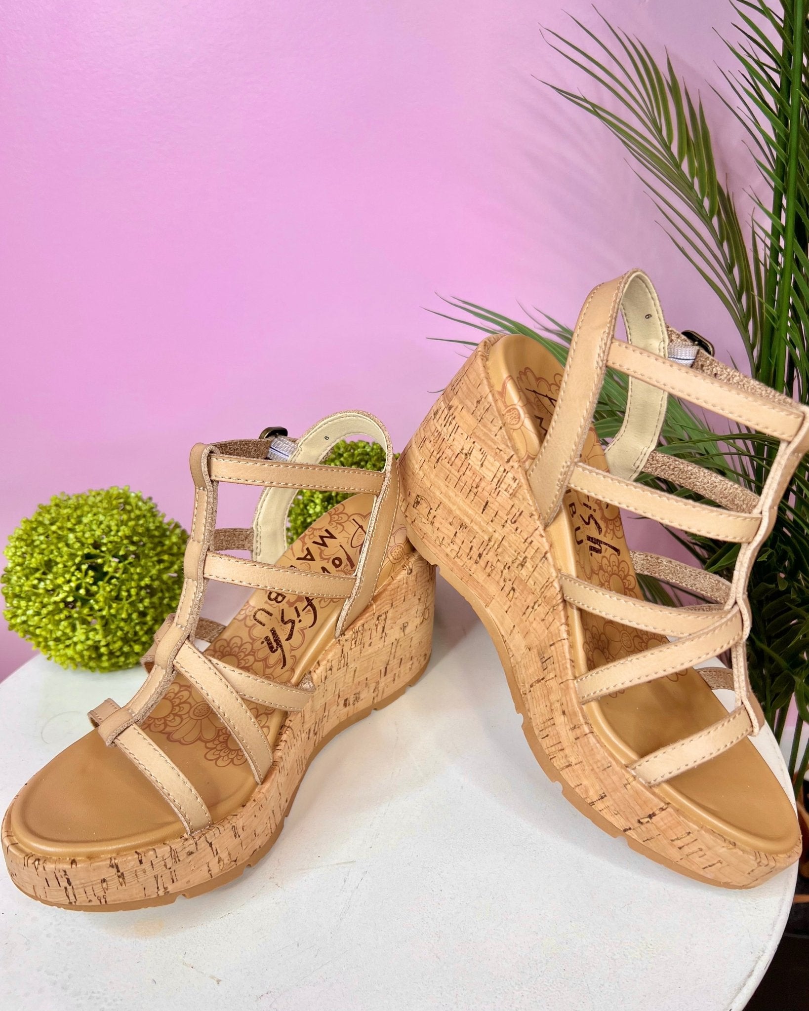 Bahamas Blowfish Malibu Vegan Leather Cashew Color Wedge Heels - Jessi Jayne Boutique