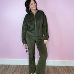 Happy Harvest Olive Corduroy Mock Neck Jacket And Pin Tuck Flare Pants - Jessi Jayne Boutique