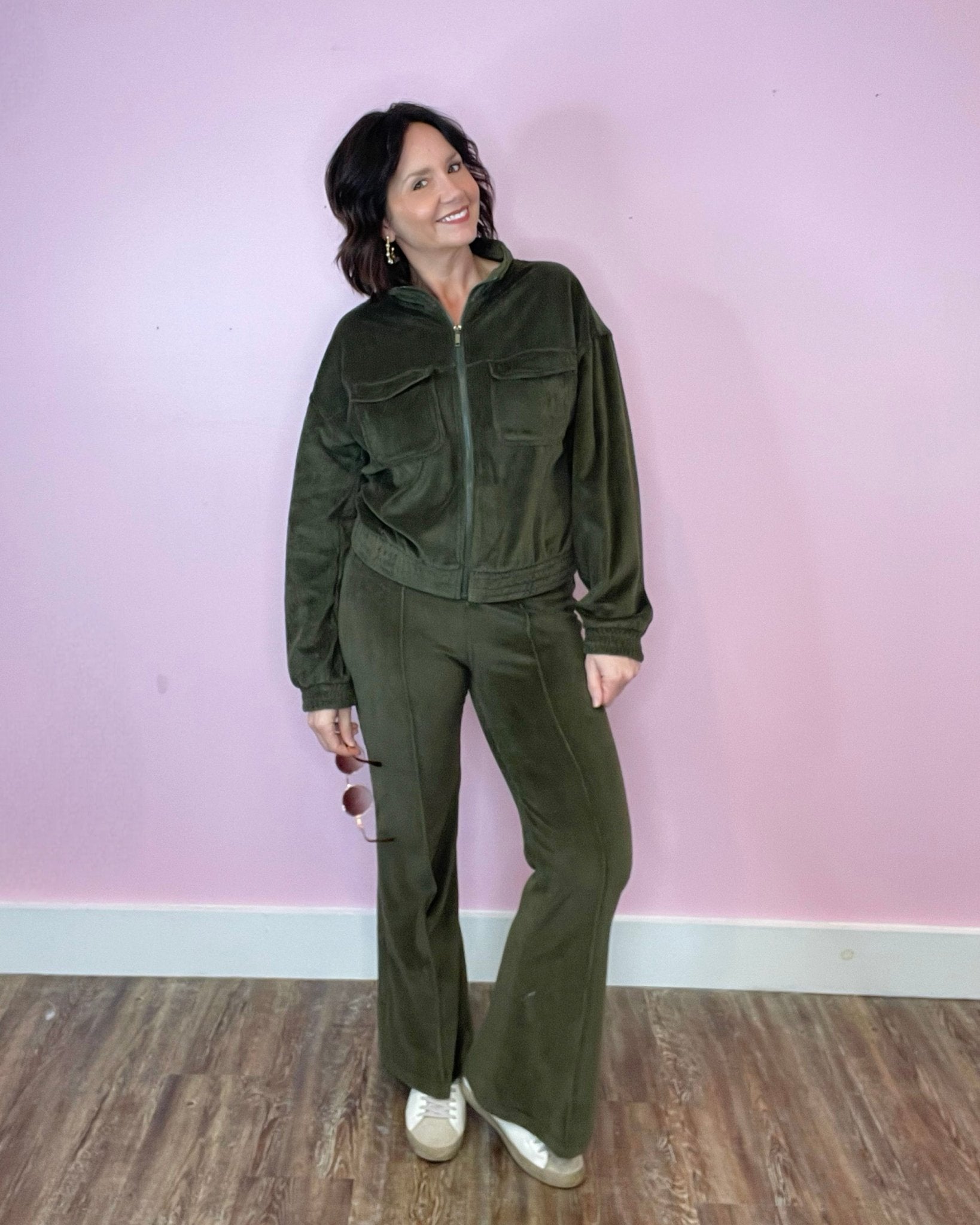 Happy Harvest Olive Corduroy Mock Neck Jacket And Pin Tuck Flare Pants - Jessi Jayne Boutique