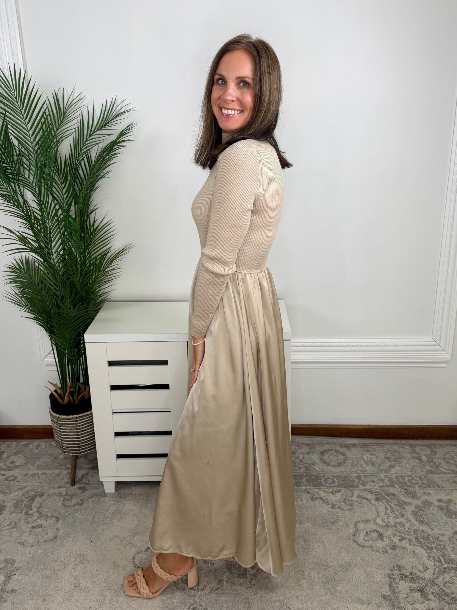 Latte Luxe Ribbed Mock Neck Satin Twofer Midi Dress - Jessi Jayne Boutique