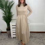 Latte Luxe Ribbed Mock Neck Satin Twofer Midi Dress - Jessi Jayne Boutique