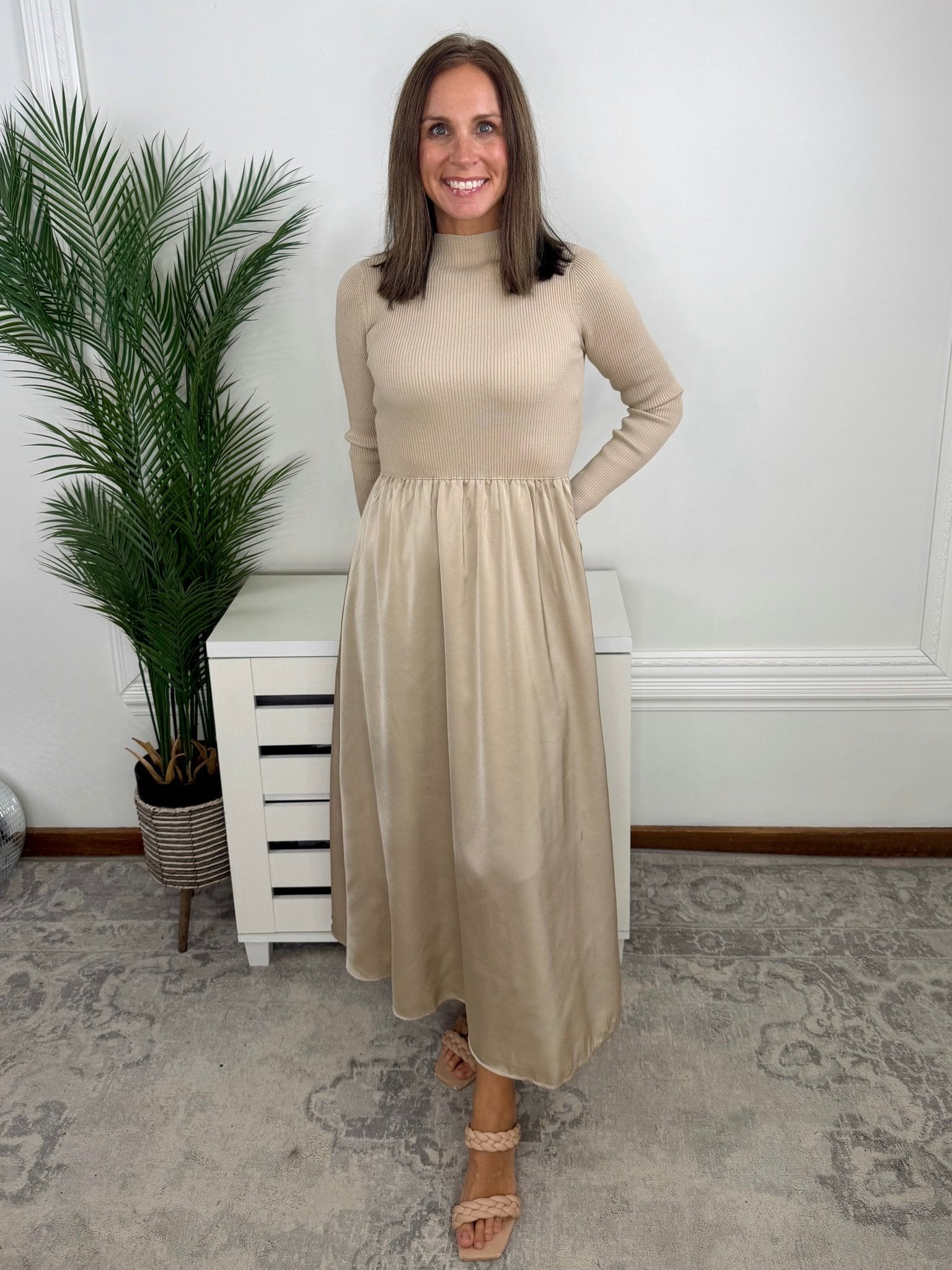 Latte Luxe Ribbed Mock Neck Satin Twofer Midi Dress - Jessi Jayne Boutique