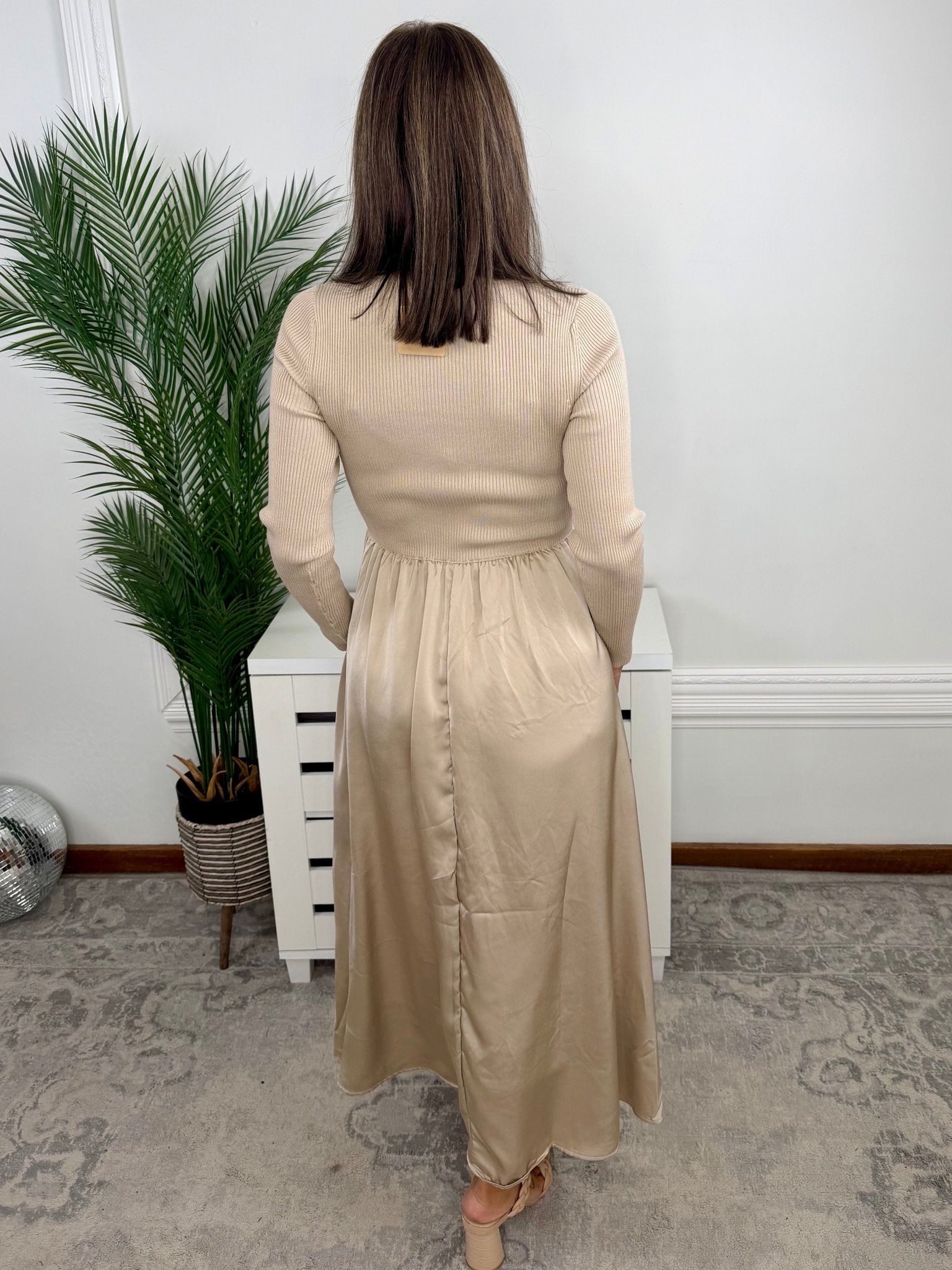 Latte Luxe Ribbed Mock Neck Satin Twofer Midi Dress - Jessi Jayne Boutique