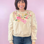 Calling The Shots Taupe Floral Embroidery Lace Detail Cropped Sweatshirt - Jessi Jayne Boutique