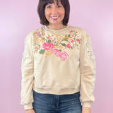 Calling The Shots Taupe Floral Embroidery Lace Detail Cropped Sweatshirt - Jessi Jayne Boutique