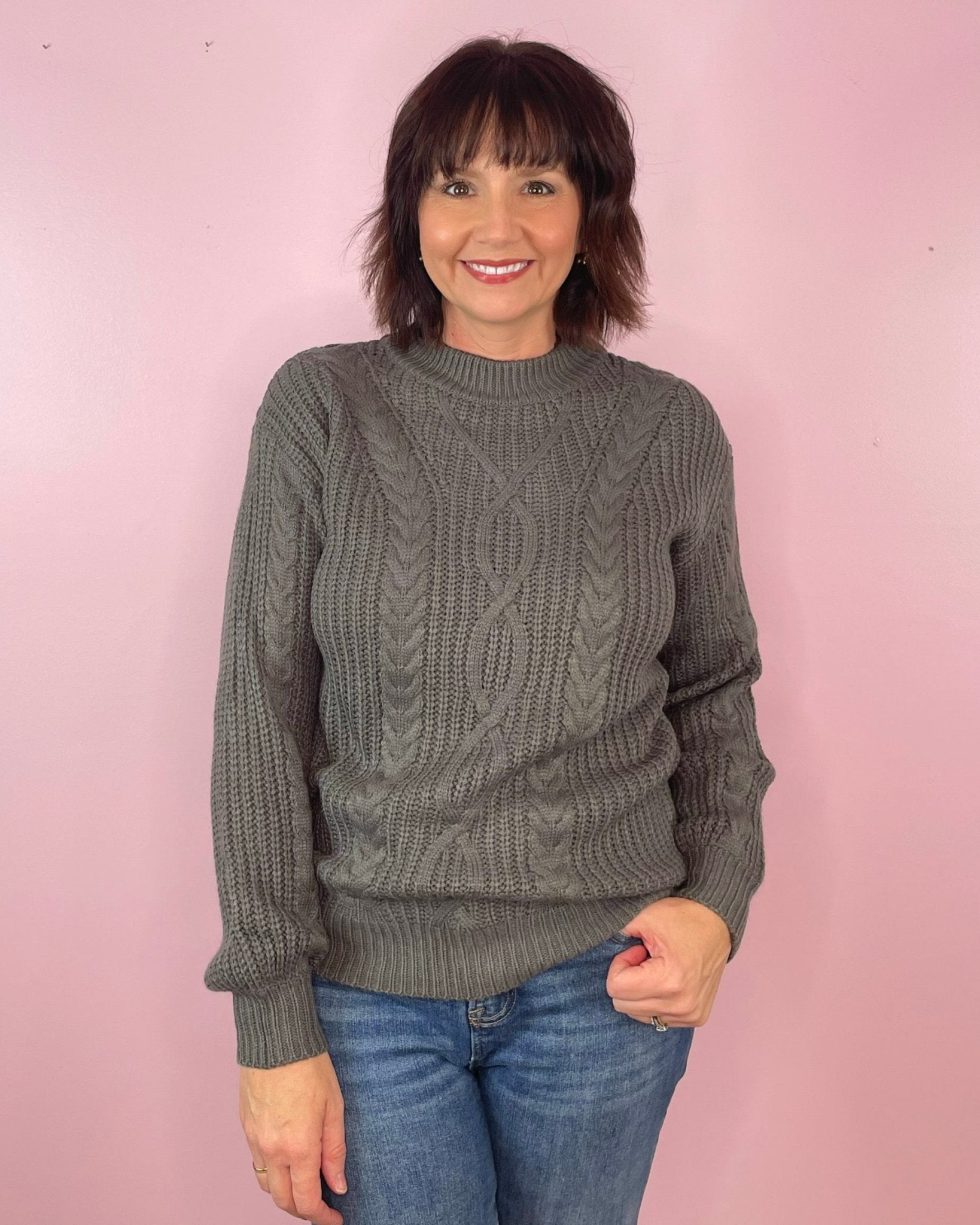 On Vacation Grey Cable Knit Mock Neck Sweater Top - Jessi Jayne Boutique