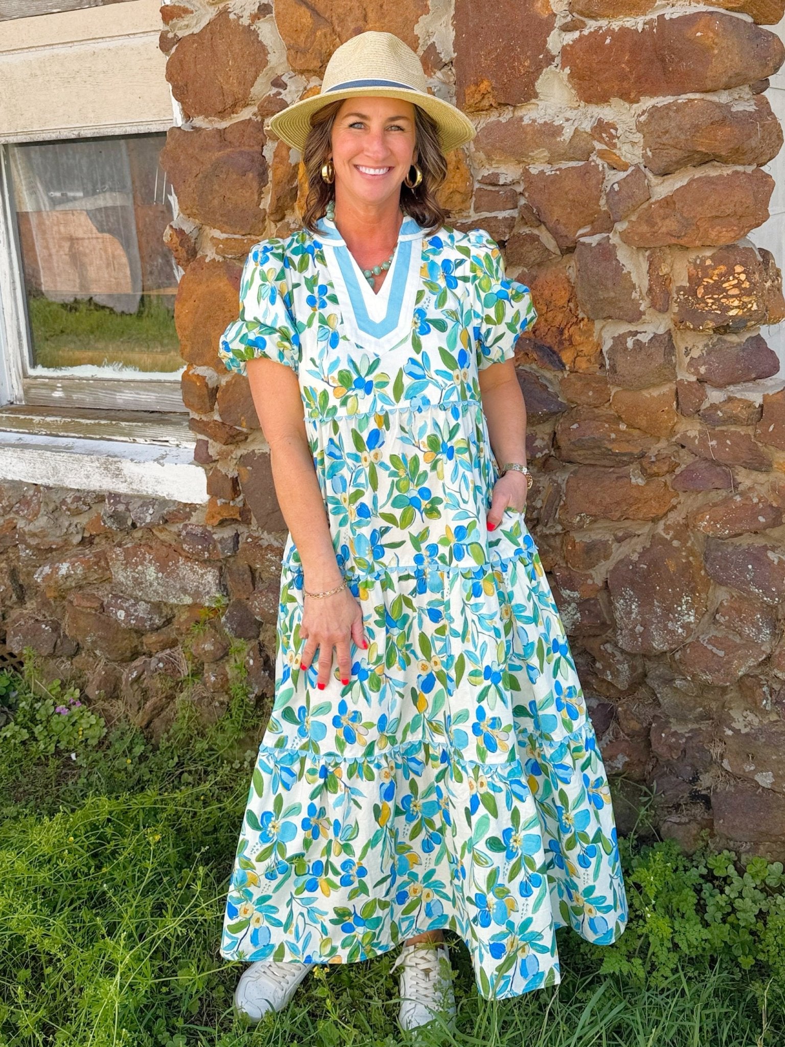 Blue Garden Tiered Midi Dress - Jessi Jayne Boutique