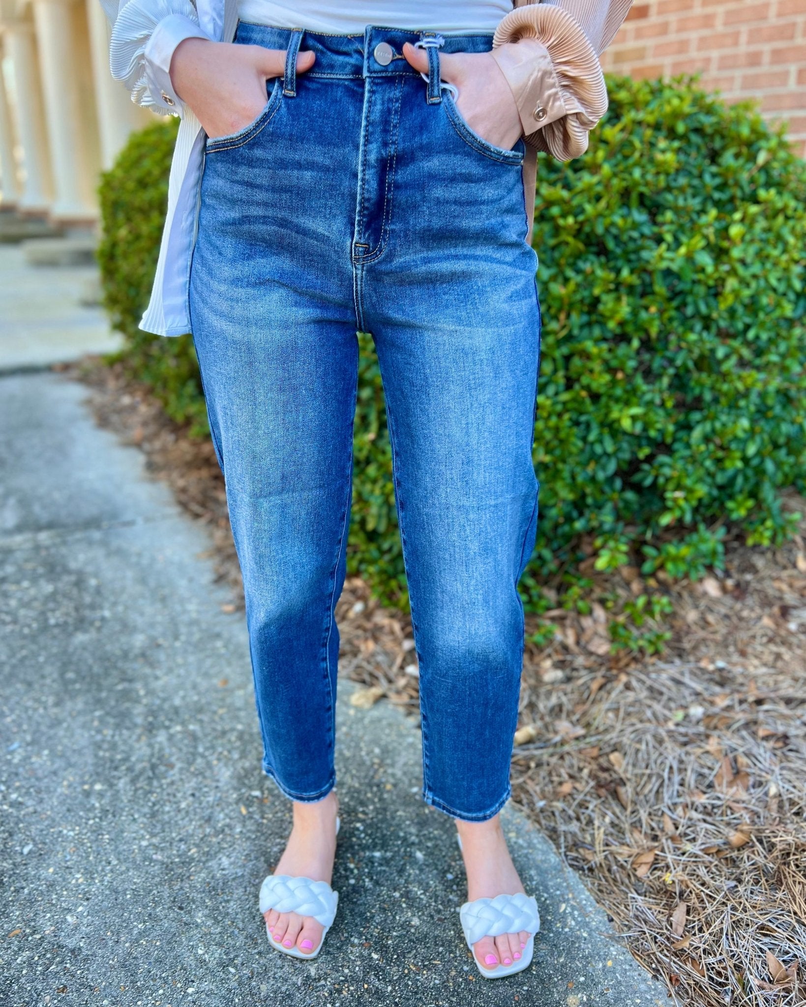 Don't Really Care Dark High Rise Curved Balloon Jeans 26" Inseam - Jessi Jayne Boutique