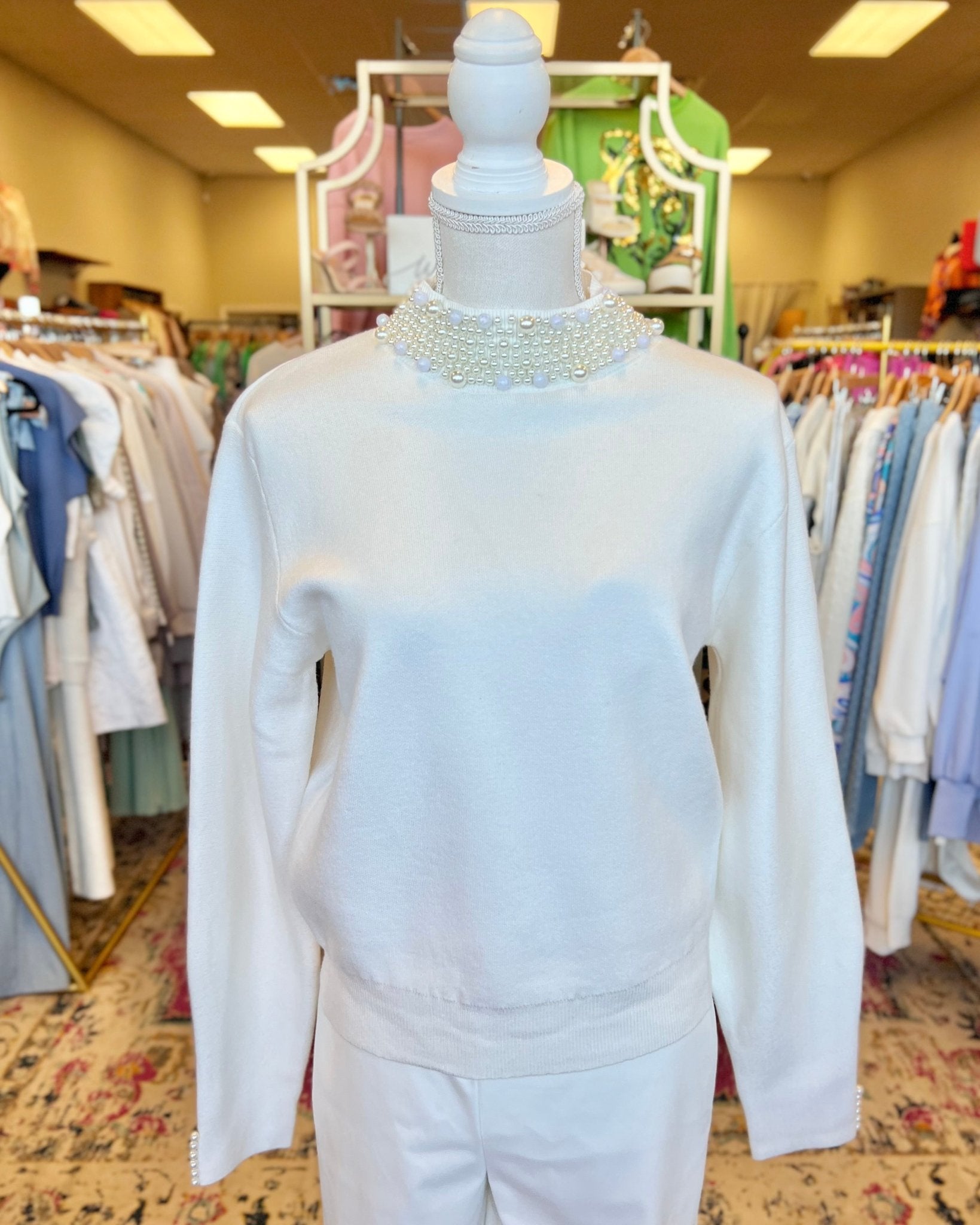 Wish I Could White Long Sleeve Pearl And Bead Trim Mock Neck Sweater - Jessi Jayne Boutique