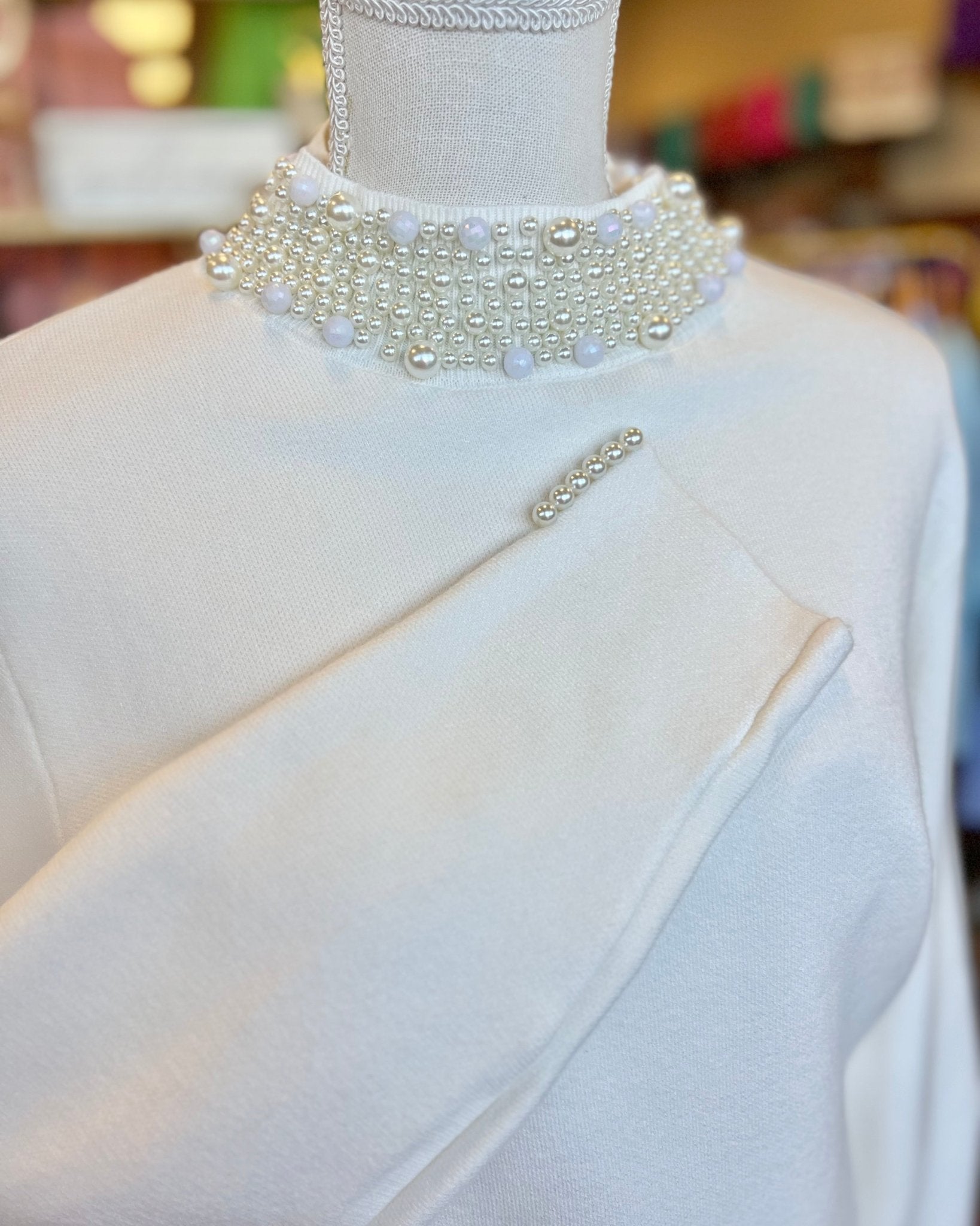 Wish I Could White Long Sleeve Pearl And Bead Trim Mock Neck Sweater - Jessi Jayne Boutique