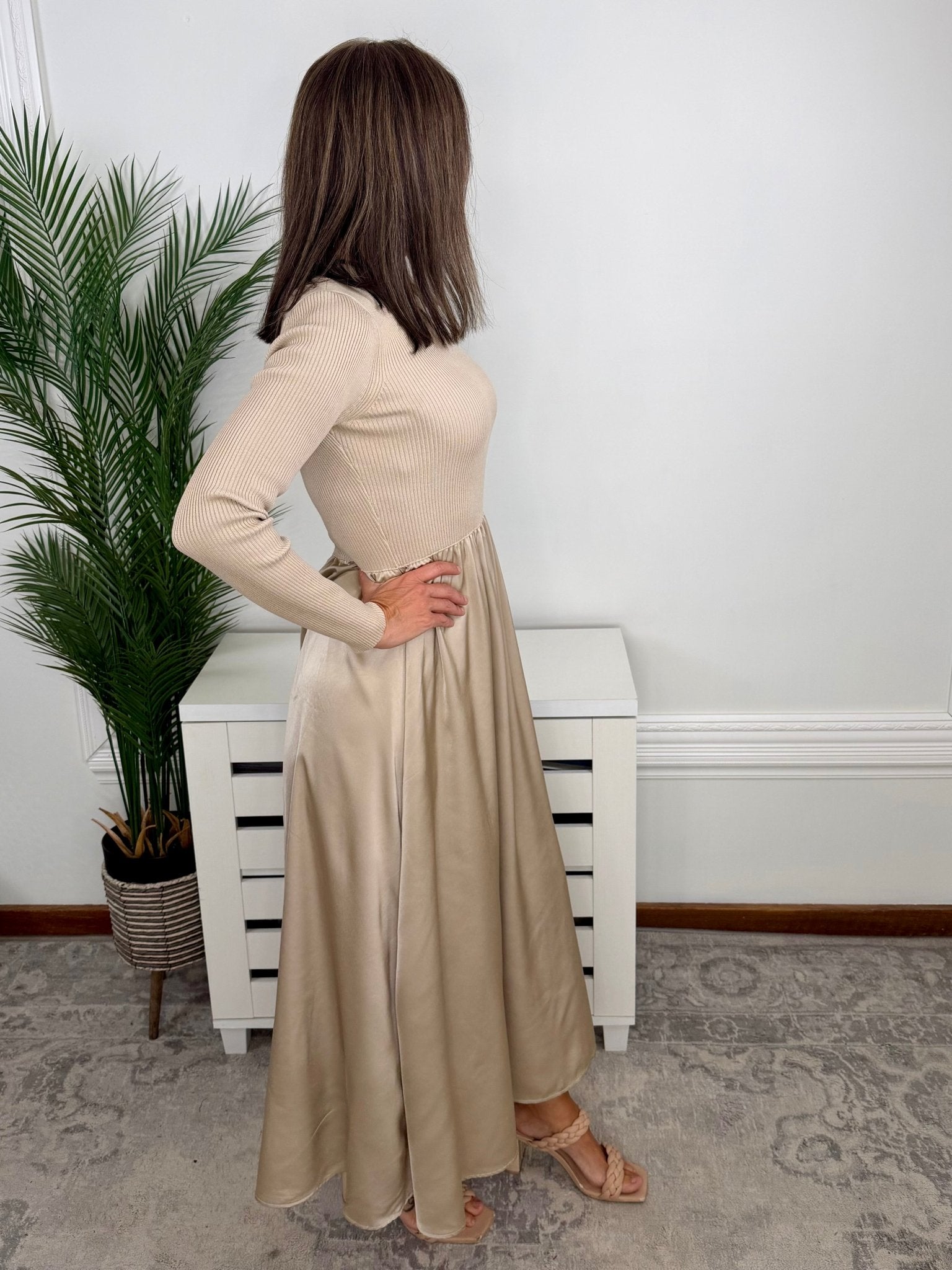 Latte Luxe Ribbed Mock Neck Satin Twofer Midi Dress - Jessi Jayne Boutique