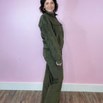 Happy Harvest Olive Corduroy Mock Neck Jacket And Pin Tuck Flare Pants - Jessi Jayne Boutique