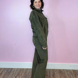 Happy Harvest Olive Corduroy Mock Neck Jacket And Pin Tuck Flare Pants - Jessi Jayne Boutique