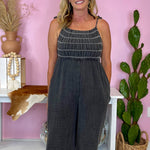 Take A Chance Black Wash Relaxed Fit Smocked Jumpsuit - Jessi Jayne Boutique