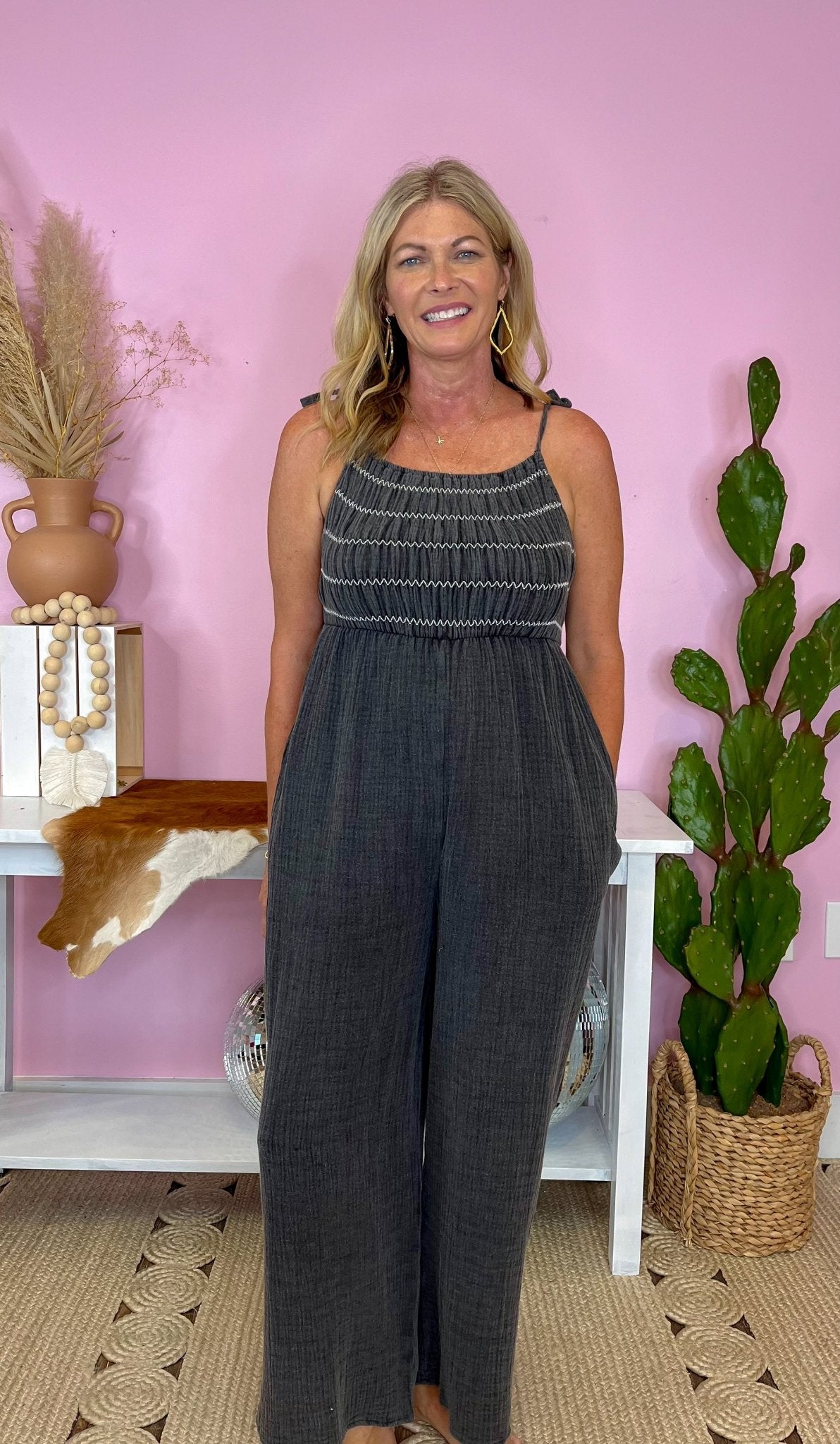 Take A Chance Black Wash Relaxed Fit Smocked Jumpsuit - Jessi Jayne Boutique