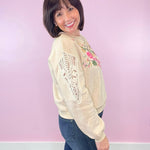 Calling The Shots Taupe Floral Embroidery Lace Detail Cropped Sweatshirt - Jessi Jayne Boutique
